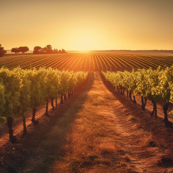 Sunset over vineyard, nature beauty in agriculture generated by AI